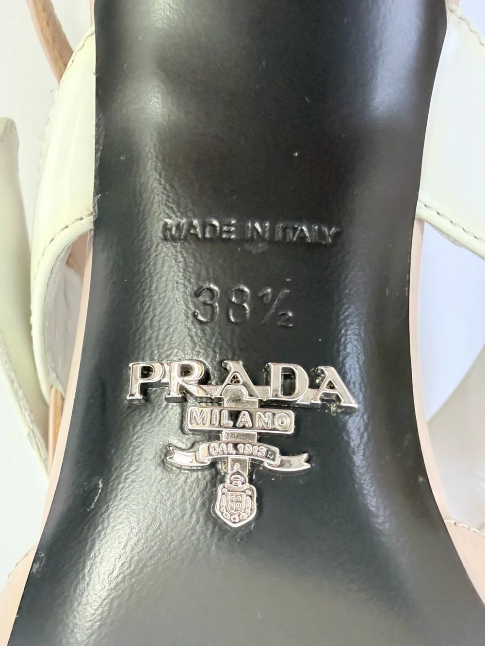 Prada Triangle Logo Mary Jane Slingback Nude Ivory Leather Heel pumps EU 38.5